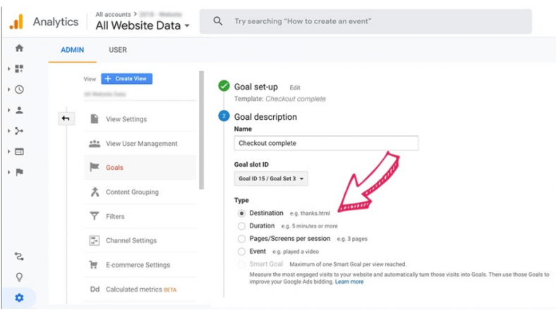 How to set a new goal for Google Analytics cart abandonment rate tracking