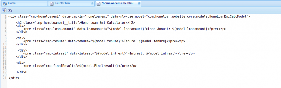 Step 5: We need to place some div elements in the “Homeloanemicalc.html” file like below & call our AEM sling model.